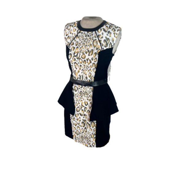 Express Dresses & Skirts - Express Fashion Star Animal Print Peplum Mini Fitted Pencil Dress Black Gold 4